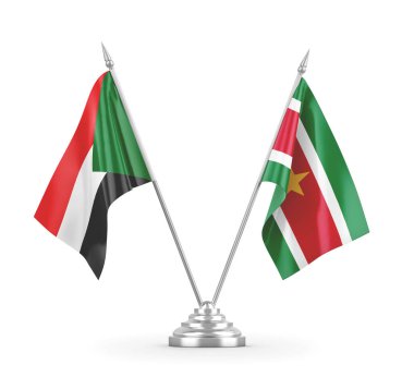 Surinam ve Sudan masa bayrakları beyaz 3D görüntüleme üzerinde izole