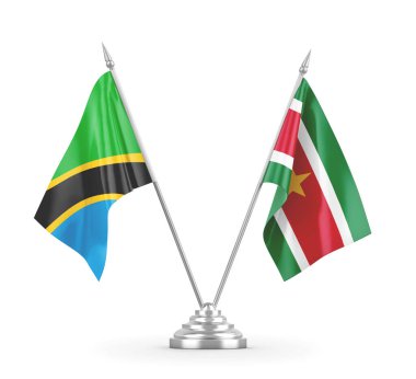 Surinam ve Tanzanya masa bayrakları beyaz 3D görüntüleme üzerinde izole