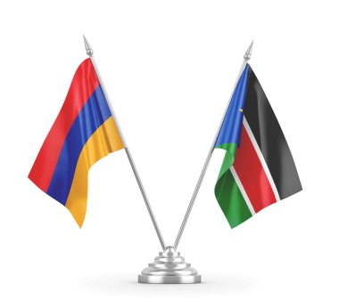 Güney Sudan ve Ermenistan masa bayrakları beyaz 3D görüntüleme üzerinde izole edildi