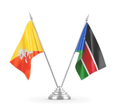 Güney Sudan ve Bhutan masa bayrakları beyaz 3D görüntüleme üzerinde izole