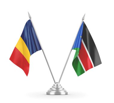 Güney Sudan ve Çad masa bayrakları beyaz 3D görüntüleme üzerinde izole