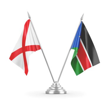 Güney Sudan ve Kuzey İrlanda masa bayrakları beyaz 3D görüntüleme üzerinde izole