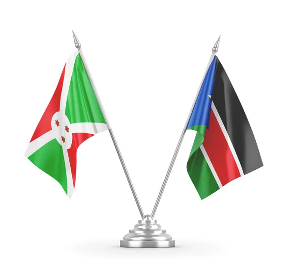 Banderas de mesa de Sudán del Sur y Burundi aisladas en renderizado 3D blanco — Foto de Stock