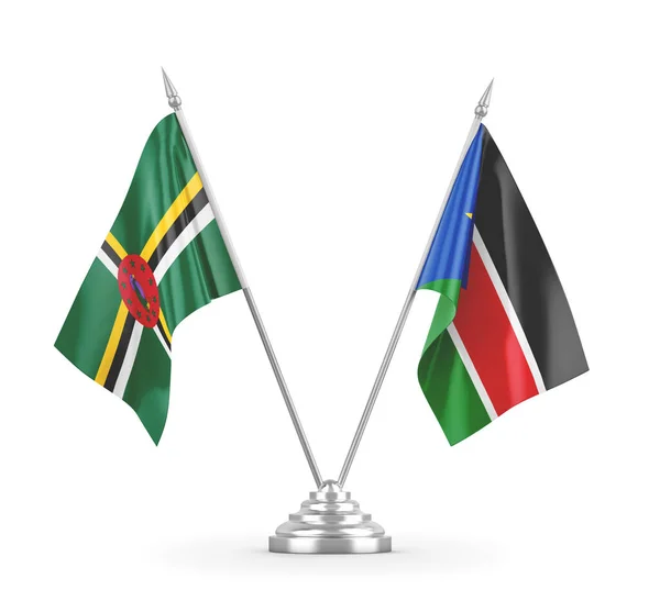 Dél-Szudán és Dominika tábla zászlók elszigetelt fehér 3D renderelés — Stock Fotó