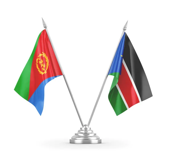 Banderas de mesa de Sudán del Sur y Eritrea aisladas en renderizado 3D blanco — Foto de Stock