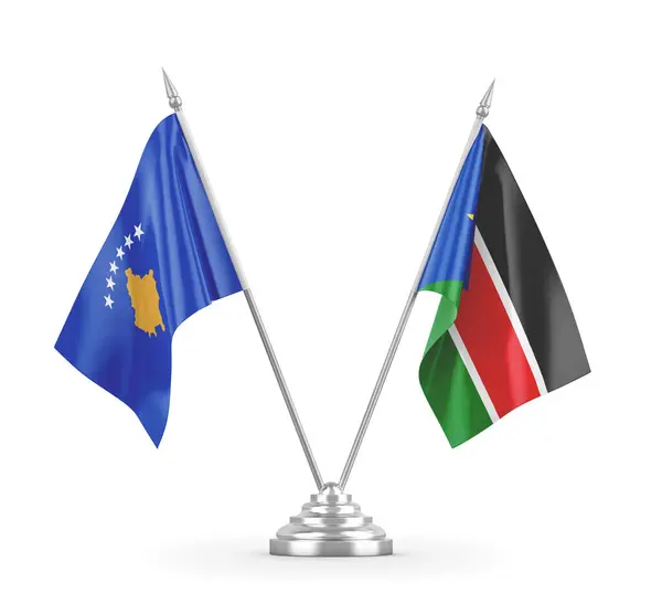 Banderas de mesa de Sudán del Sur y Kosovo aisladas en representación 3D blanca — Foto de Stock