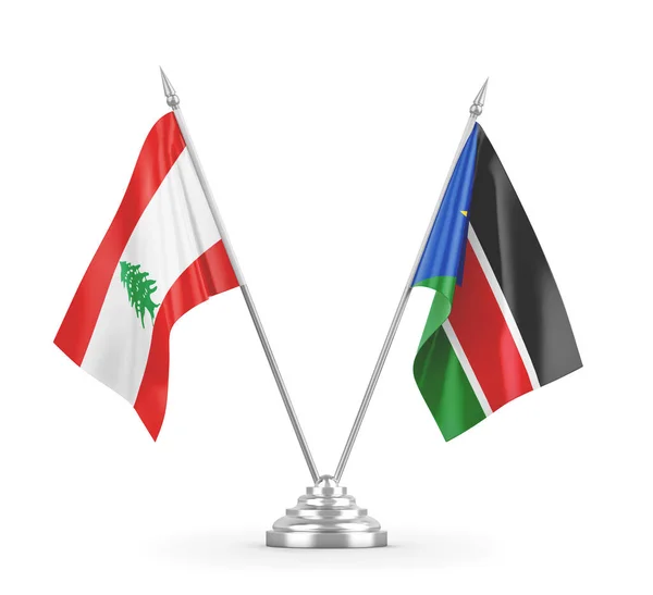 South Sudan and Lebanon table flags isolated on white 3D rendering — Stock Photo, Image