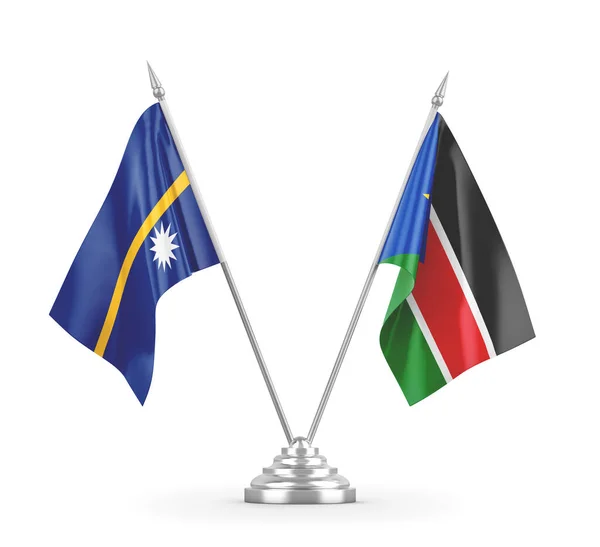 Banderas de mesa Sudán del Sur y Nauru aisladas en renderizado 3D blanco — Foto de Stock