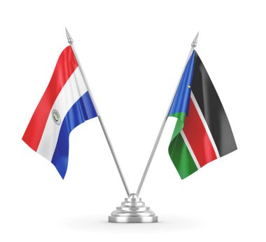 Güney Sudan ve Paraguay masa bayrakları beyaz 3D görüntüleme üzerinde izole edildi