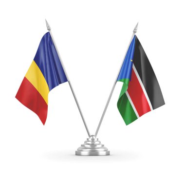 Güney Sudan ve Romanya bayrakları beyaz 3D görüntüleme üzerinde izole edildi