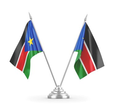 Güney Sudan masa bayrakları beyaz 3D görüntüleme üzerinde izole
