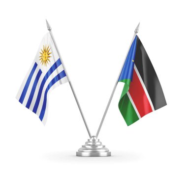 Güney Sudan ve Uruguay masa bayrakları beyaz 3D görüntüleme üzerinde izole