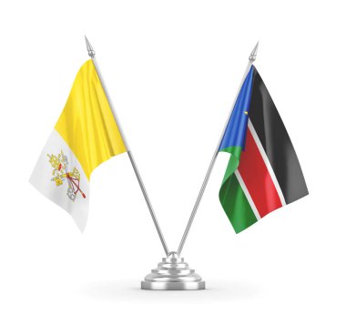 Güney Sudan ve Vatikan bayrakları beyaz 3D görüntüleme üzerinde izole edildi