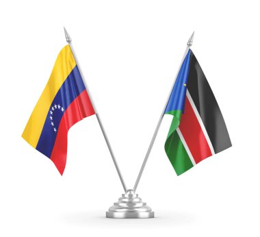 Güney Sudan ve Venezuela masa bayrakları beyaz 3D görüntüleme üzerinde izole