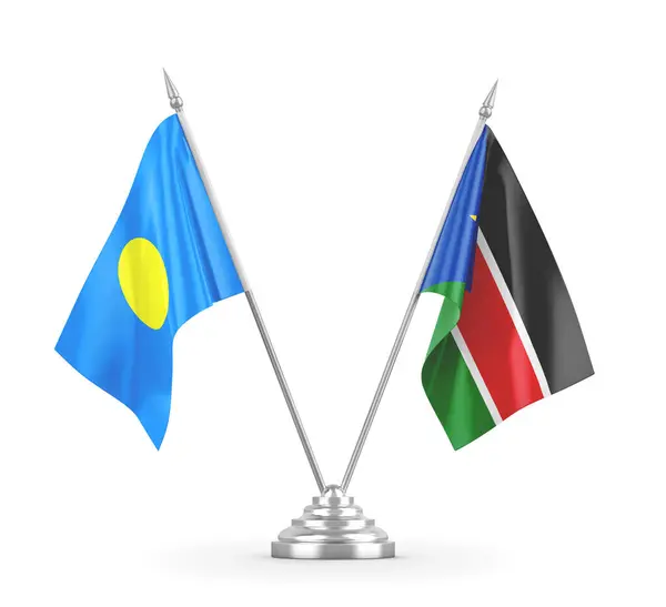 Banderas de mesa de Sudán del Sur y Palau aisladas en renderizado 3D blanco — Foto de Stock