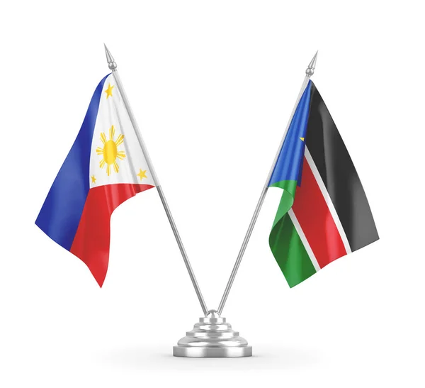 South Sudan and Philippines table flags isolated on white 3D rendering — Stock Photo, Image