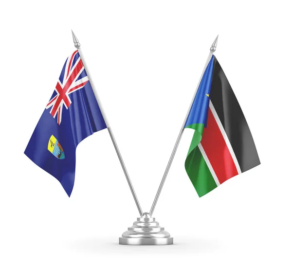 Banderas de mesa de Sudán del Sur y Santa Helena aisladas en renderizado 3D blanco — Foto de Stock