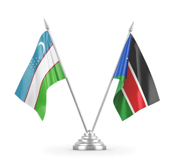 stock image South Sudan and Uzbekistan table flags isolated on white 3D rendering