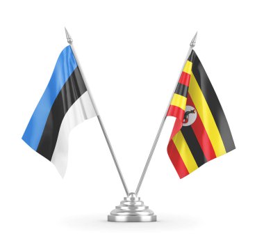 Uganda ve Estonya masa bayrakları beyaz 3D görüntüleme üzerinde izole edildi