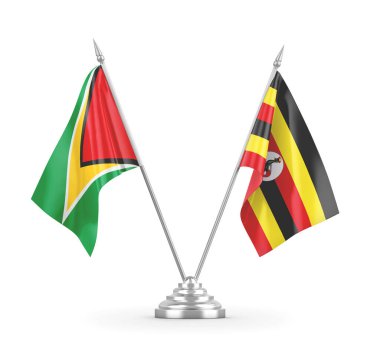 Uganda ve Guyana masa bayrakları beyaz 3D görüntüleme üzerinde izole