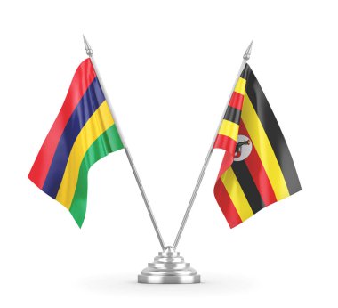 Uganda ve Mauritius masa bayrakları beyaz 3D görüntüleme üzerinde izole edildi
