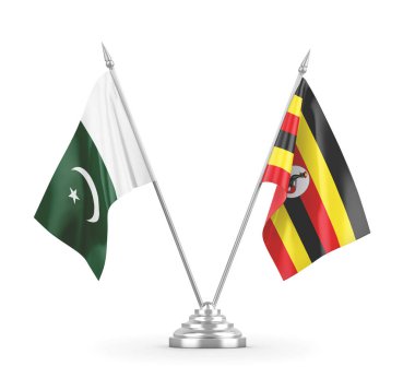 Uganda ve Pakistan masa bayrakları beyaz 3D görüntüleme üzerinde izole