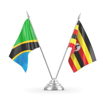 Uganda ve Tanzanya masa bayrakları beyaz 3D görüntüleme üzerinde izole