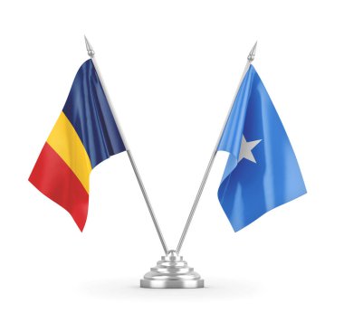 Somali ve Çad masa bayrakları beyaz 3D görüntüleme üzerinde izole