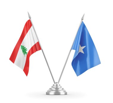 Somali ve Lübnan masa bayrakları beyaz 3D görüntüleme üzerinde izole edildi
