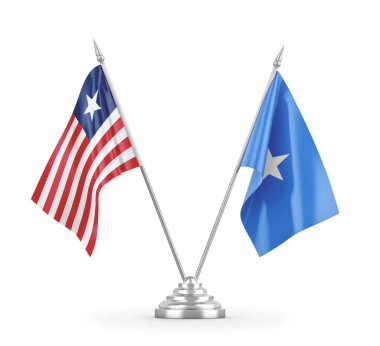 Somali ve Liberya masa bayrakları beyaz 3D görüntüleme üzerinde izole edildi