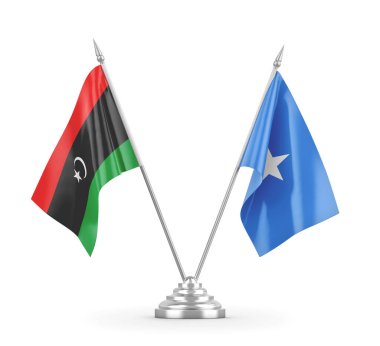 Somali ve Libya masa bayrakları beyaz 3D görüntüleme üzerinde izole edildi