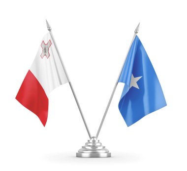 Somali ve Malta masa bayrakları beyaz 3D görüntüleme üzerinde izole
