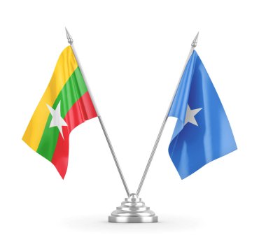 Somali ve Myanmar masa bayrakları beyaz 3D görüntüleme üzerinde izole
