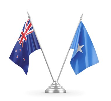 Somali ve Yeni Zelanda masa bayrakları beyaz 3D görüntüleme üzerinde izole