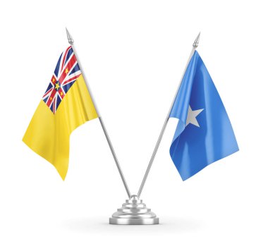 Somali ve Niue masa bayrakları beyaz 3D görüntüleme üzerinde izole