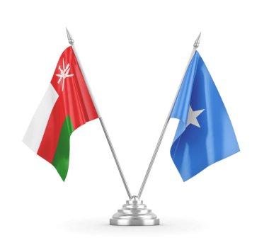 Somali ve Umman masa bayrakları beyaz 3D görüntüleme üzerinde izole