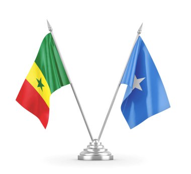 Somali ve Senegal masa bayrakları beyaz 3D görüntüleme üzerinde izole edildi
