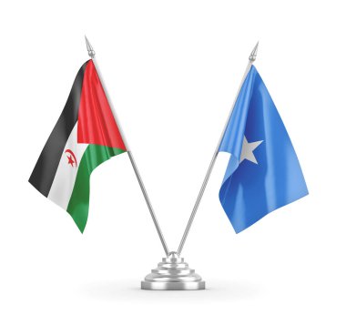 Somali ve Batı Sahra masa bayrakları beyaz 3D görüntüleme üzerinde izole