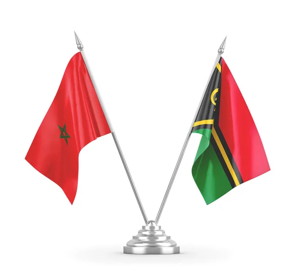 Banderas de mesa Vanuatu y Marruecos aisladas en renderizado 3D blanco — Foto de Stock