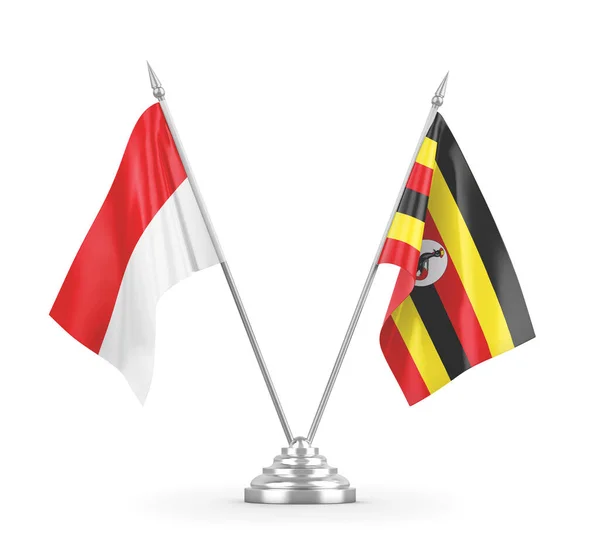 Επιτραπέζιες σημαίες Ουγκάντα και Ινδονησίας απομονωμένες σε λευκό 3D rendering — Φωτογραφία Αρχείου