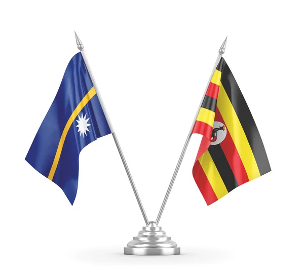 Banderas de mesa Uganda y Nauru aisladas en renderizado 3D blanco — Foto de Stock