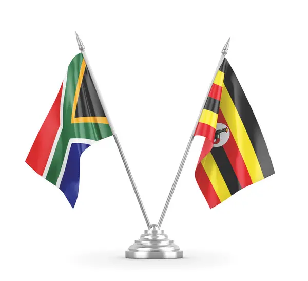 Oeganda en Zuid-Afrika tafelvlaggen geïsoleerd op witte 3D-weergave — Stockfoto