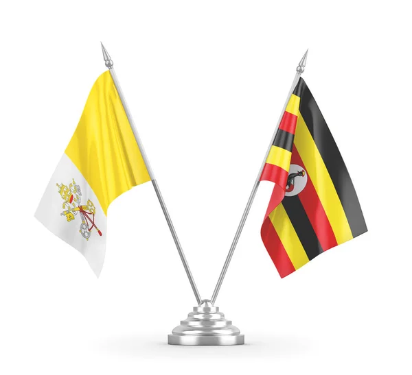 Bandeiras de mesa Uganda e Vaticano isoladas em renderização 3D branca — Fotografia de Stock