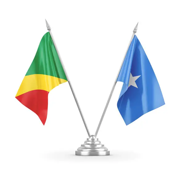 Banderas de mesa Somalia y Congo aisladas en renderizado 3D blanco — Foto de Stock