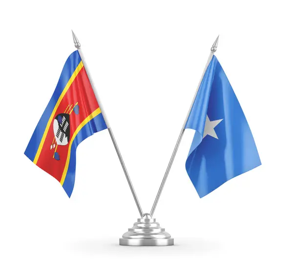 Banderas de mesa Somalia y Eswatini Swazilandia aisladas en renderizado 3D blanco — Foto de Stock