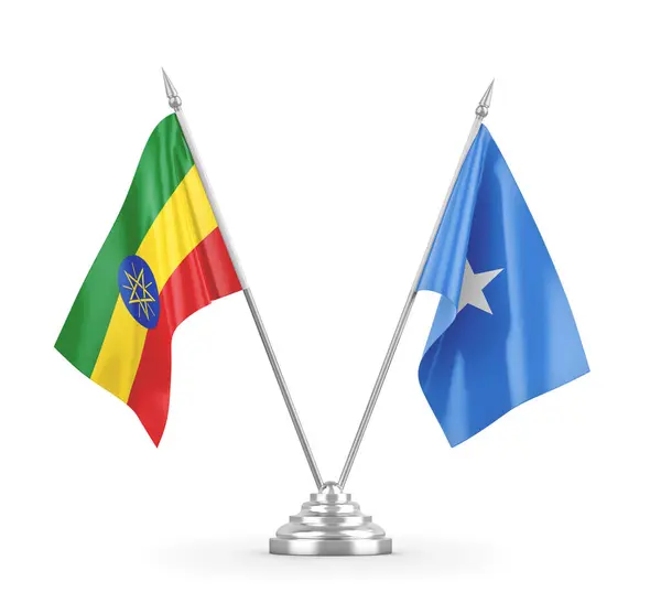 Banderas de mesa Somalia y Etiopía aisladas en renderizado 3D blanco — Foto de Stock