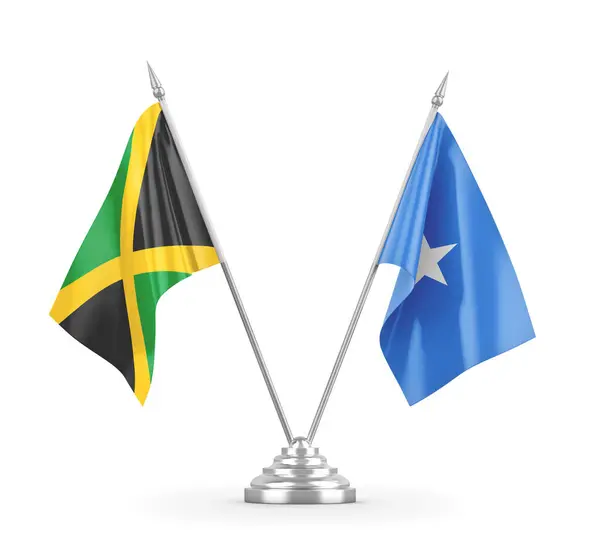 Banderas de mesa Somalia y Jamaica aisladas en renderizado 3D blanco — Foto de Stock