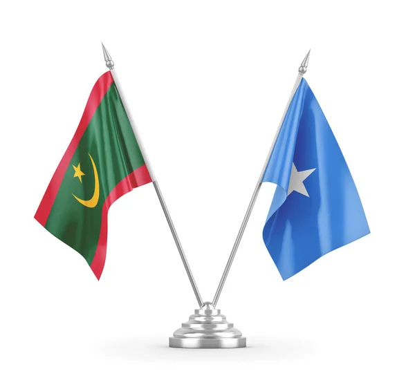 Banderas de mesa Somalia y Mauritania aisladas en renderizado 3D blanco — Foto de Stock