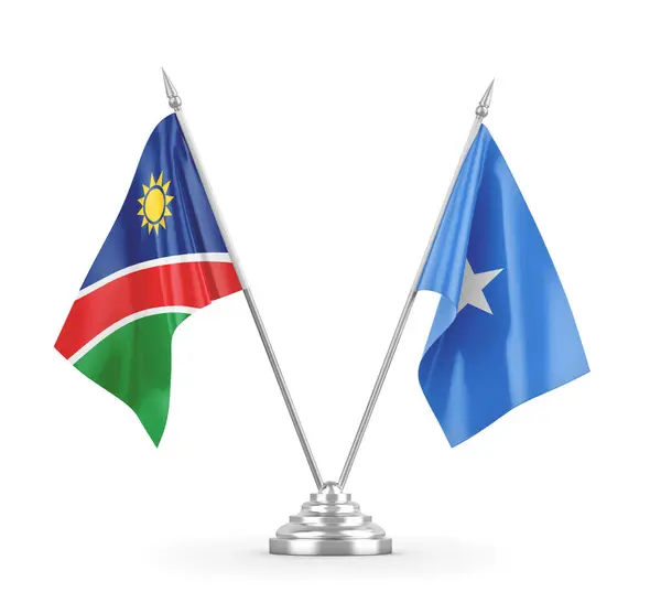 Banderas de mesa Somalia y Namibia aisladas en renderizado 3D blanco — Foto de Stock