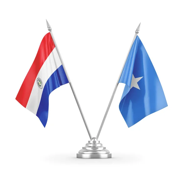 Bandiere da tavolo Somalia e Paraguay isolate su rendering 3D bianco — Foto Stock